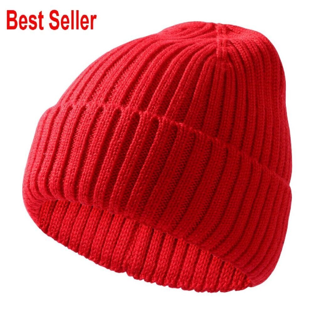 Merino Wool Beanie Ribbed Knit Cuffed Skull Cap Unisex Kids Winter Hat
